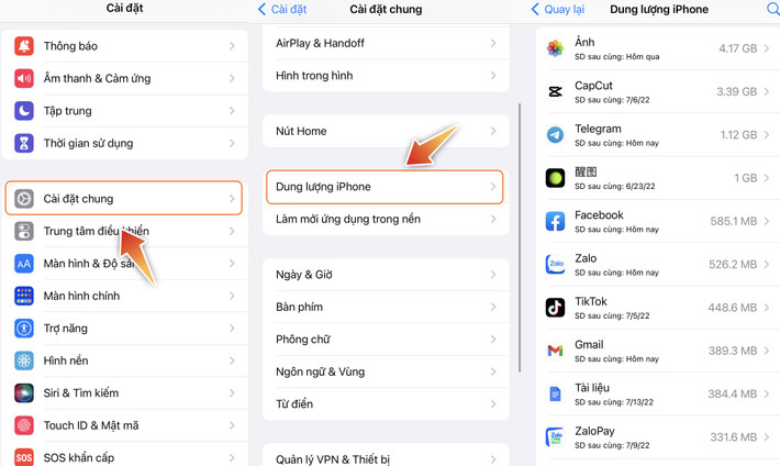 Hãy kiểm tra dung lượng ứng dụng trong mục Dung lượng iPhone và xóa những app không cần thiết.
