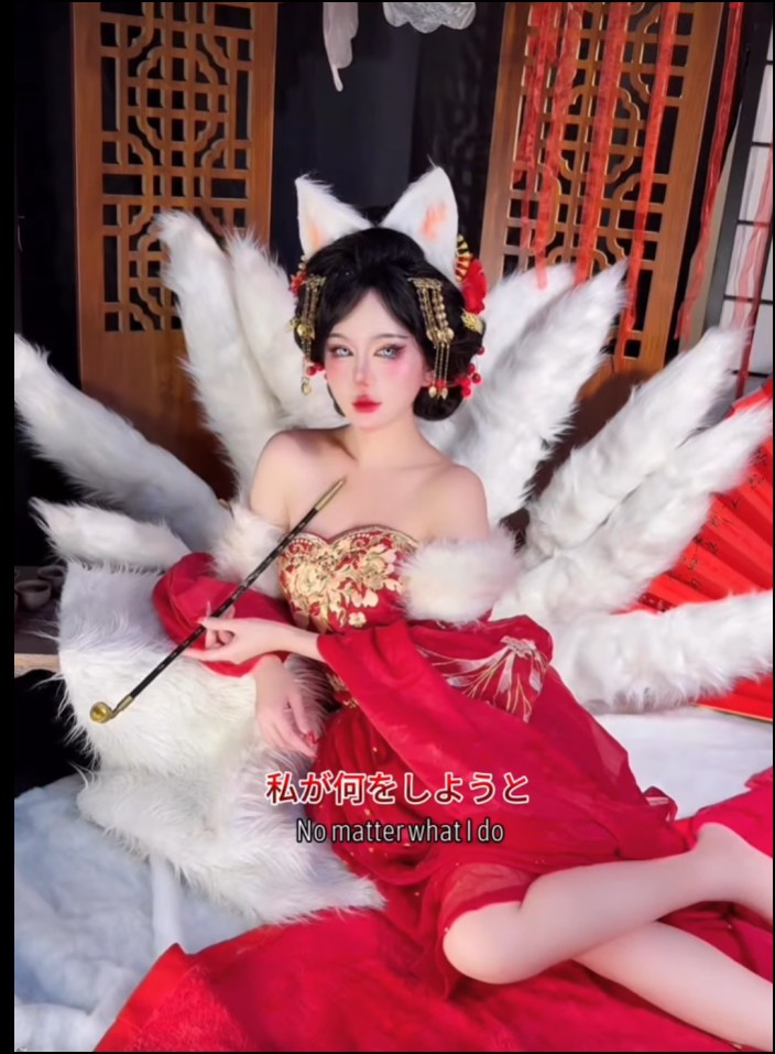 Những chiếc đuôi cáo bồng bềnh chuyển động theo từng dáng pose, tạo cảm giác như Ahri bước ra từ game.