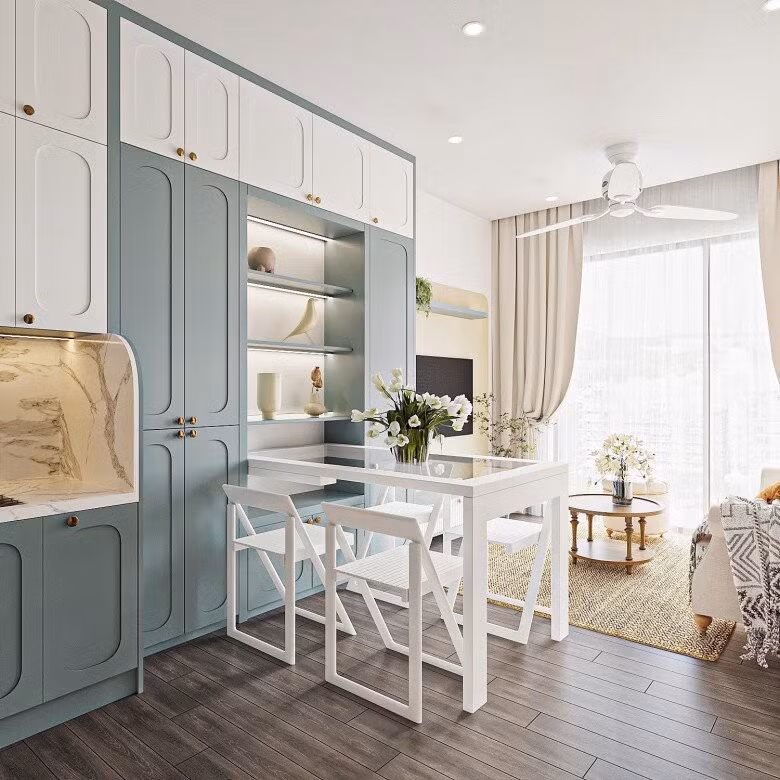 Để tạo khoảng trống cho các cháu học tập, vui chơi, Ngọc Hân chọn nội thất có thể gấp gọn khi không sử dụng, giúp tối ưu diện tích. Ảnh chụp màn hình