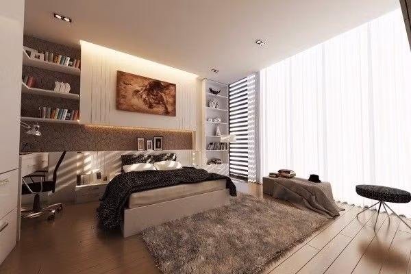 Trải thảm lớn quanh giường sẽ giúp phòng ngủ thêm ấm cúng. Tuy nhiên, đi kèm với đó là các vấn đề như bụi bẩn, vi khuẩn... gây ô nhiễm không khí. Ảnh: Toutiao