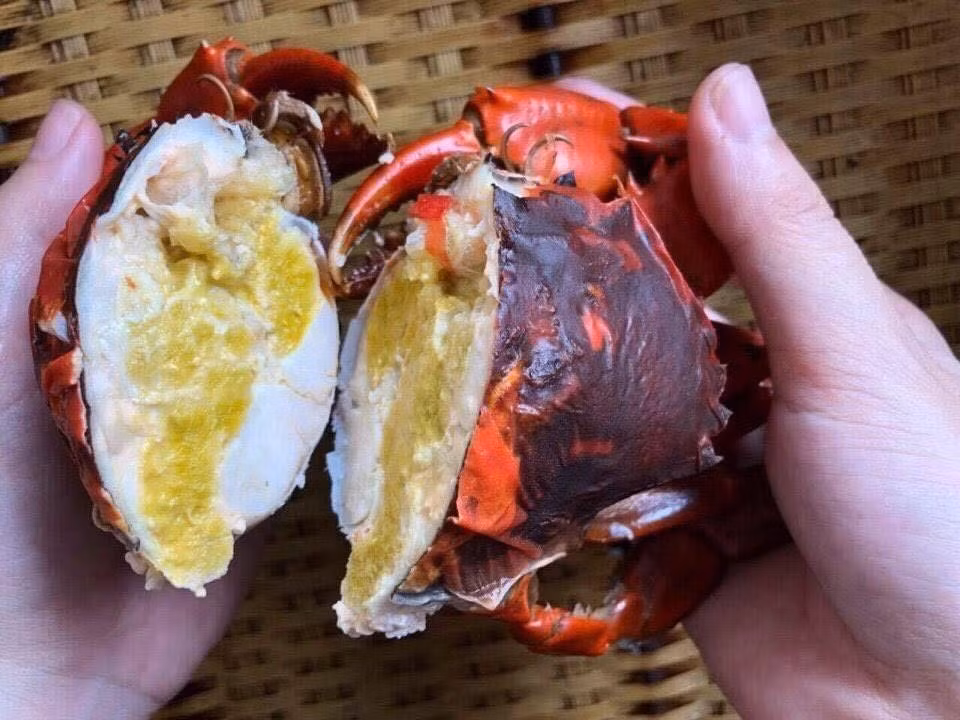 Khác với cua thường, cua hai da có phần vỏ ngoài hơi mềm, dễ bóp nhẹ, màu sắc tươi sáng hơn. Khi bóc vỏ, bên trong còn lớp da cua cũ, tạo nên hình dáng đặc biệt. Ảnh: Cuacamau