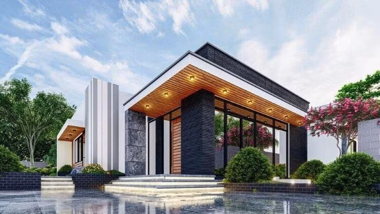 Nhà vườn 1 tầng sử dụng tông màu sáng và lắp đặt cửa kính để tạo không gian thoáng đãng, tràn ngập ánh sáng tự nhiên. Ảnh: Internet