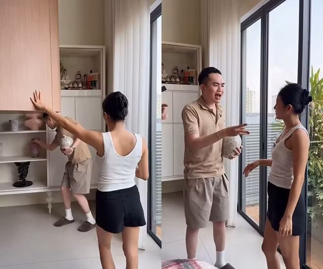 Kệ trang trí âm tường với hộc trưng bày bình gốm nghệ thuật. Ảnh chụp màn hình
