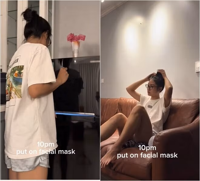 Góc thư giãn với sofa da màu nâu và ánh sáng vàng vừa đủ, tạo không gian riêng tư thoải mái. Ảnh chụp màn hình