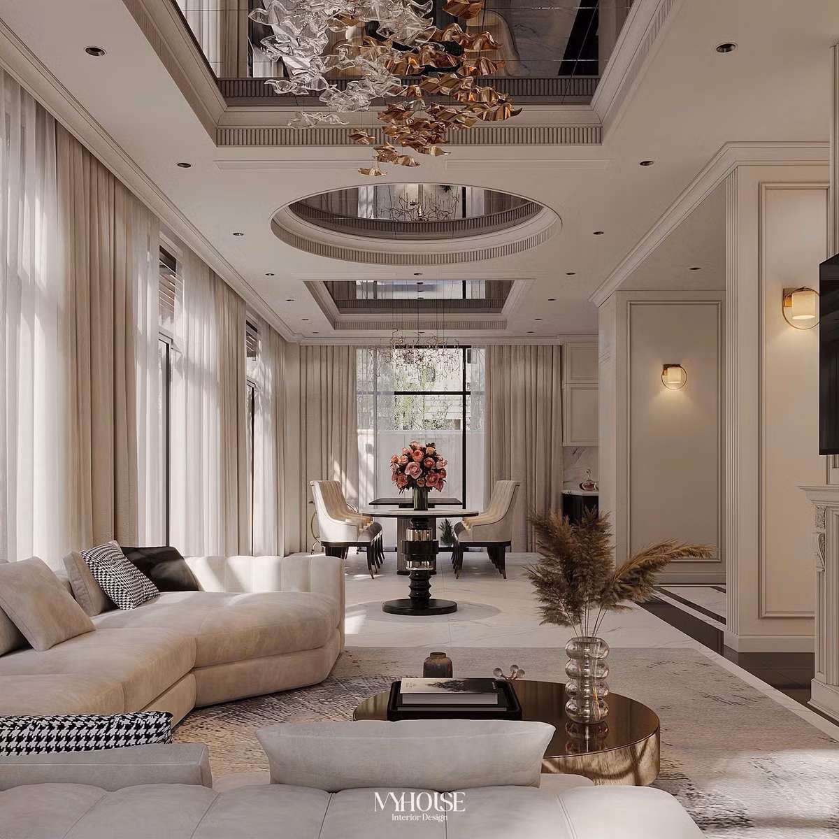Nhà gồm 3 tầng, một tầng mái và sân thượng. Nội thất trong nhà thiết kế theo phong cách hiện đại, với tông màu trắng chủ đạo. Ảnh: FBNV
