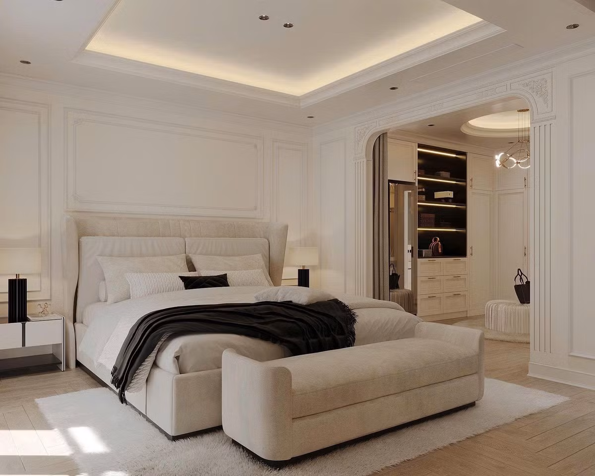 Phòng ngủ hiện đại với gam màu trắng chủ đạo. Ảnh: FBNV
