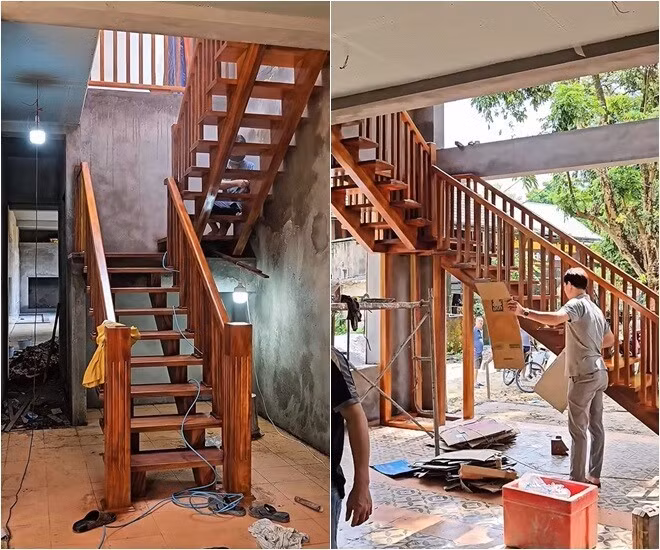Cầu thang trong nhà bằng gỗ tự nhiên giữ nét mộc mạc gợi nhớ kiểu nhà sàn. Ảnh chụp màn hình