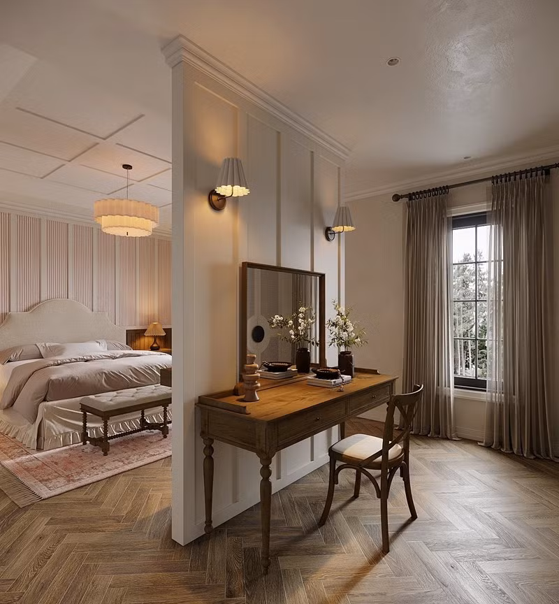 Một góc nhỏ trong phòng ngủ được bố trí bàn trang điểm gỗ mộc. Ảnh: FB Nguyễn Đình Tú Bên ngoài biệt thự có nhiều cây cảnh và hoa. Ảnh: FB Nguyễn Đình Tú