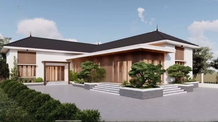 Nhà cấp 4 chữ L được tạo nên bởi những góc cạnh độc đáo, giúp tận dụng tối đa diện tích đất. Mẫu nhà này có thể chọn mái Thái, mái Nhật, mái bằng hoặc mái tôn. Ảnh: Duraflex