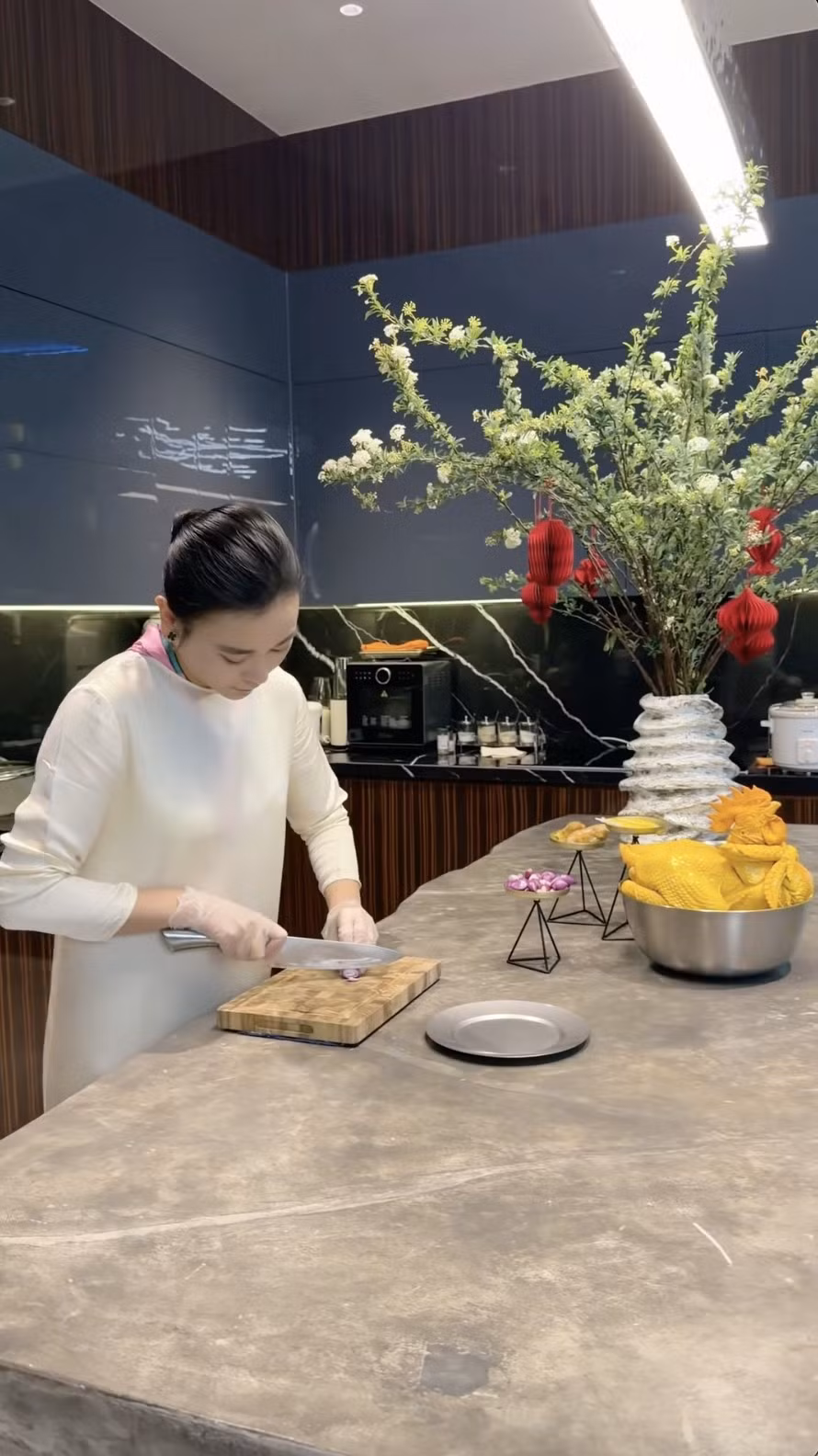 Không khí đón Tết Nguyên đán đã xuất hiện trong nhà Phương Oanh. Cô trang hoàng nhà cửa bằng bình hoa tiểu tú cầu, gắn những chiếc lồng đèn giấy hot trend Tết 2026. Ảnh chụp màn hình