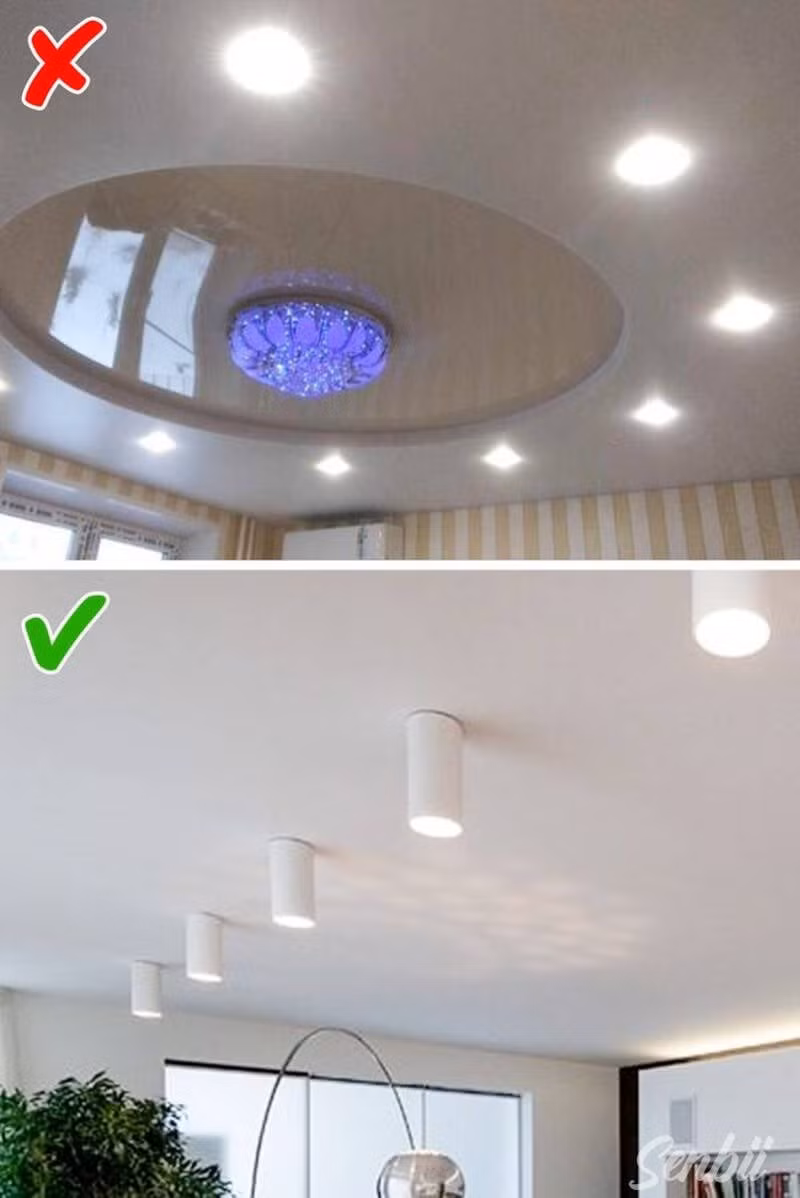 Đèn lớn gắn trên trần nhà không còn được ưa chuộng như những năm trước. Để căn phòng ấm cúng, nên sử dụng đèn bàn, đèn sàn hoặc đèn chùm đơn trên trần nhà. Ảnh: Brightside