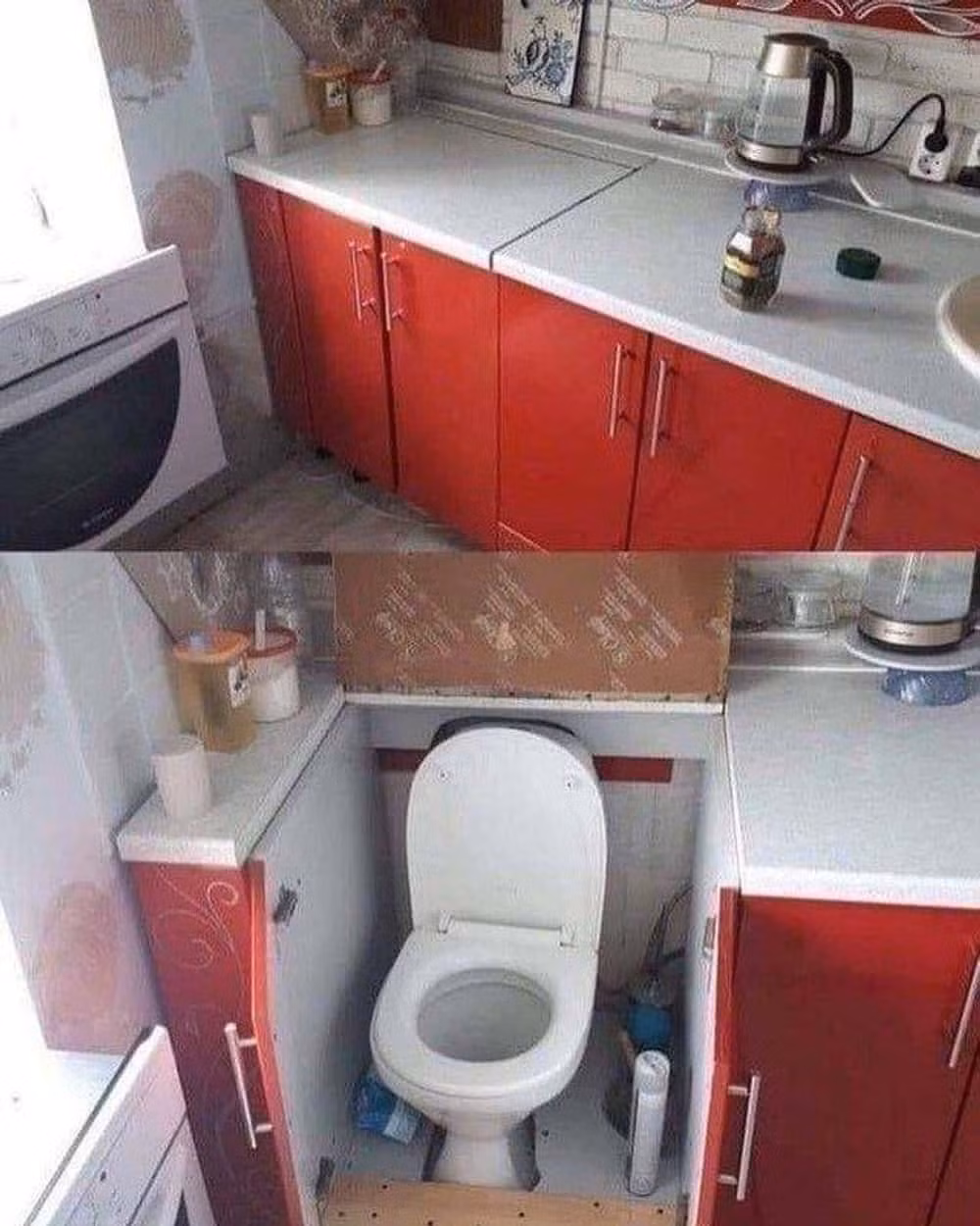 Nhà vệ sinh ẩn trong tủ bếp. Ảnh:u/SkyeAurolineReddit