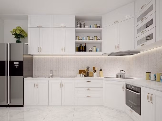 Khu bếp hiện đại với màu trắng đẹp, sang trọng. Ảnh: Dân Việt
