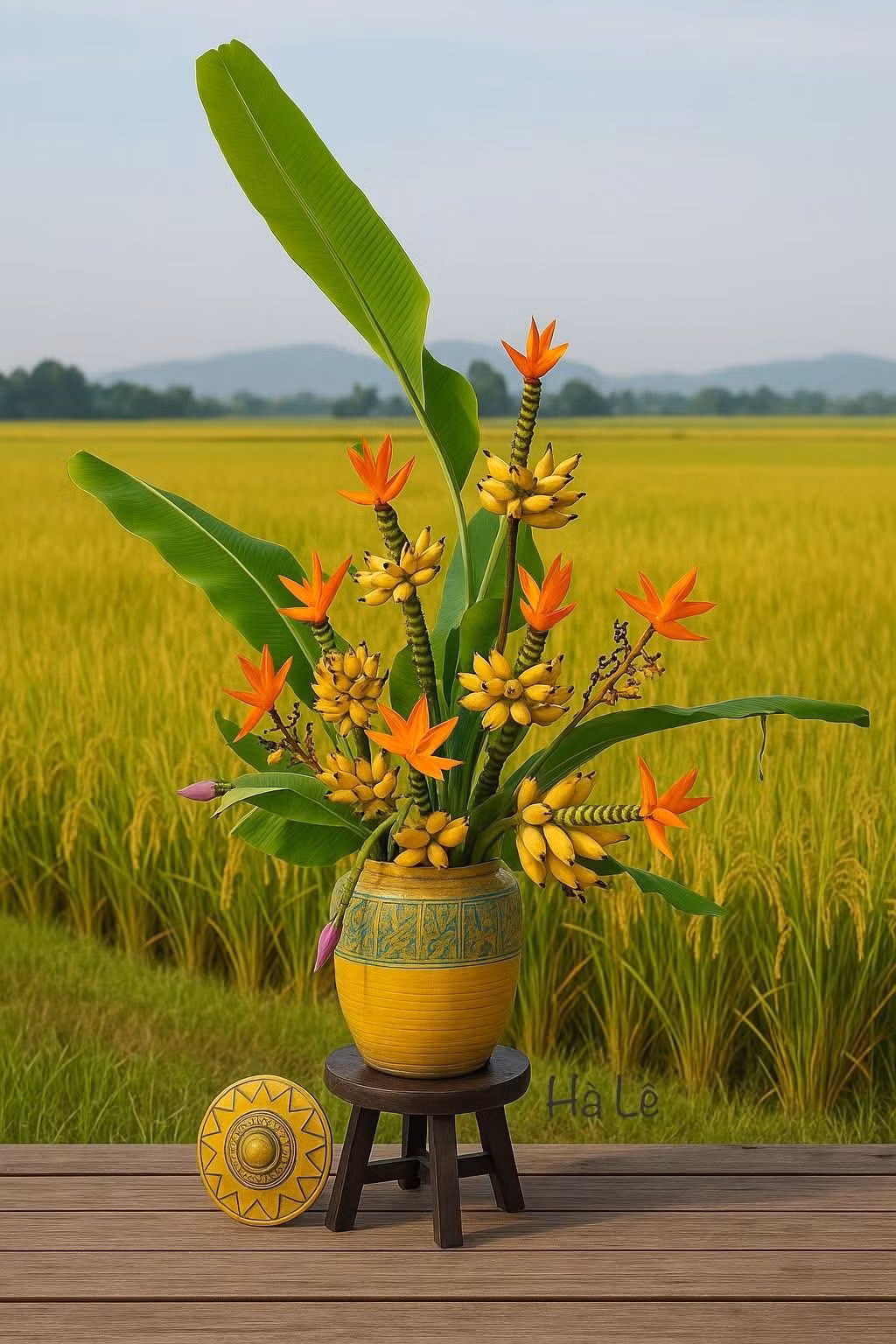 Khác với chuối vườn nhà có hoa mọc thõng xuống phía dưới, hoa chuối đuốc mọc thẳng đứng ở ngọn. Ảnh: FB Sple Nguyet