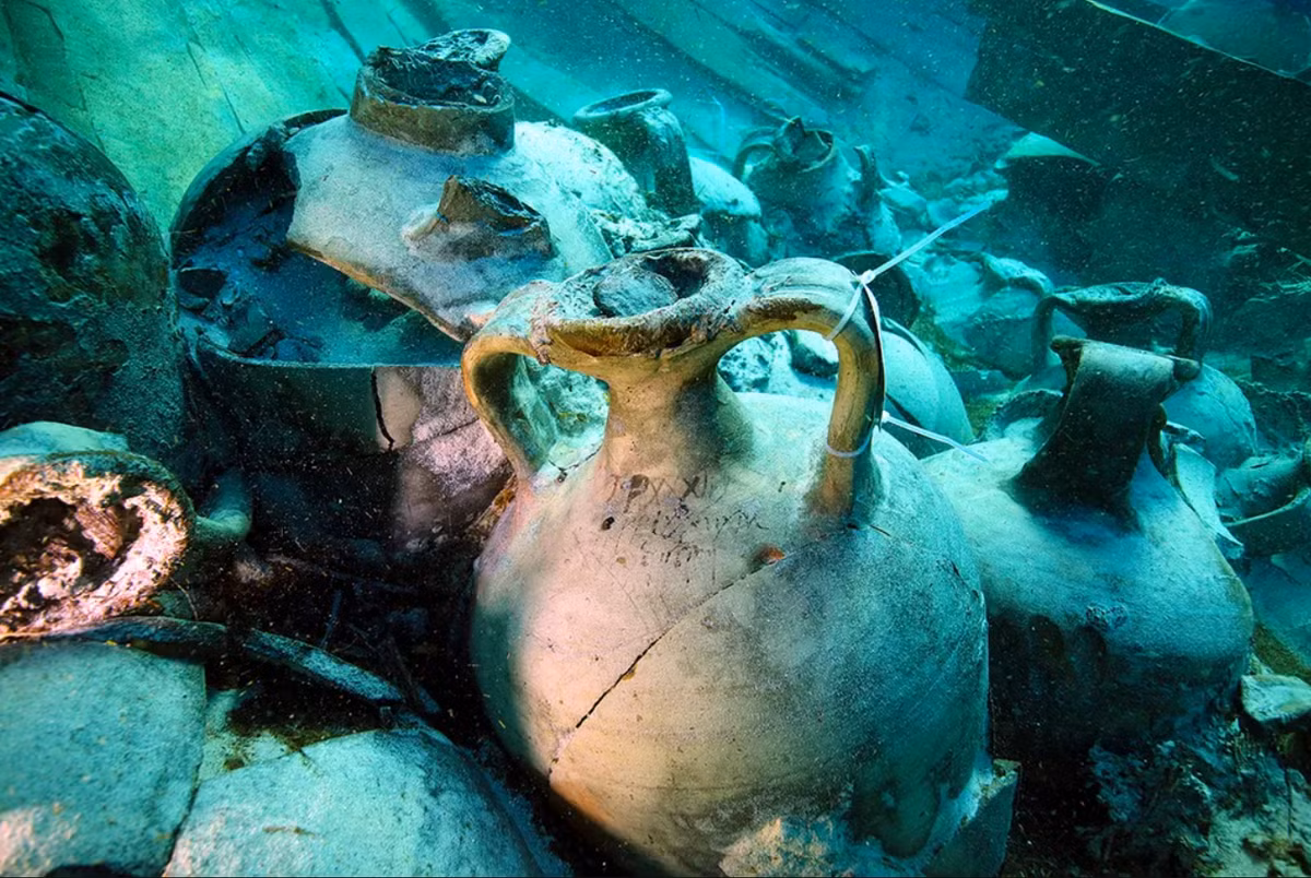 Điểm mấu chốt của phát hiện này là lô hàng với hàng trăm chiếc bình amphora từng đựng garum. Ảnh: @Ministero della Cultura.