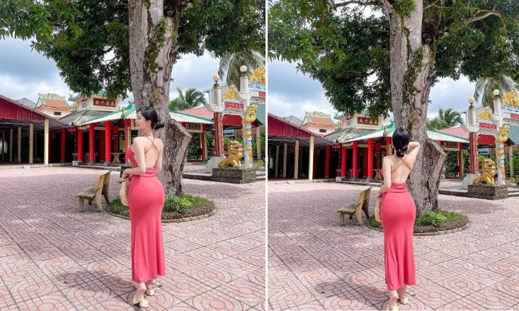 Đến Việt Nam, người đẹp Hàn Quốc vào chùa mặc váy hở lưng 