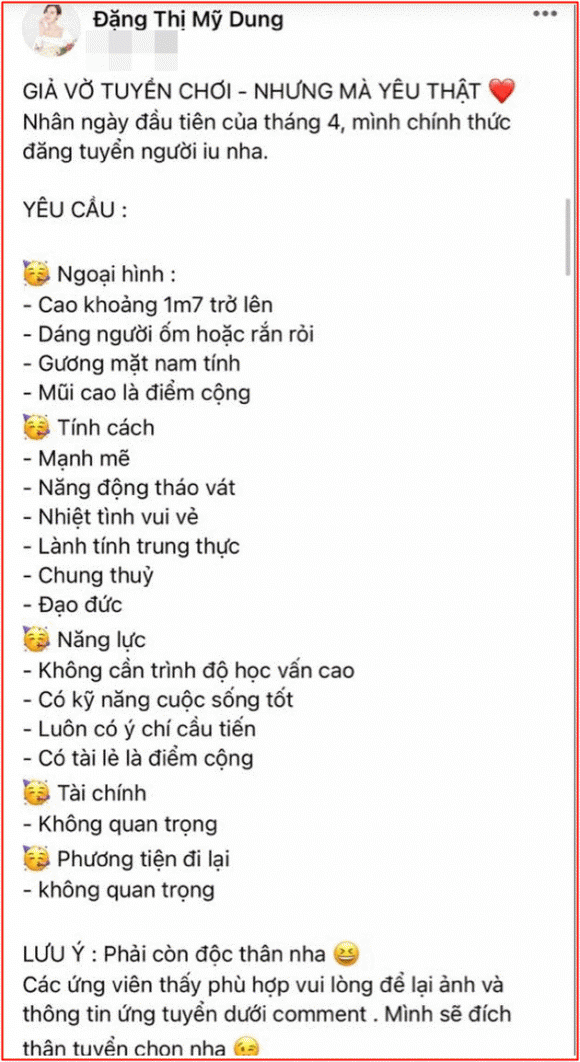 Mới đây, không biết hot girl Midu thật hay đùa mà cô nàng đã đăng tải trên trang cá nhân về tiêu chí tuyển người yêu.