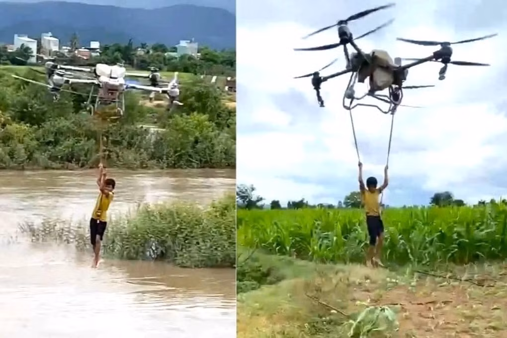 Hình ảnh chiếc drone đưa các cháu bé vào bờ an toàn