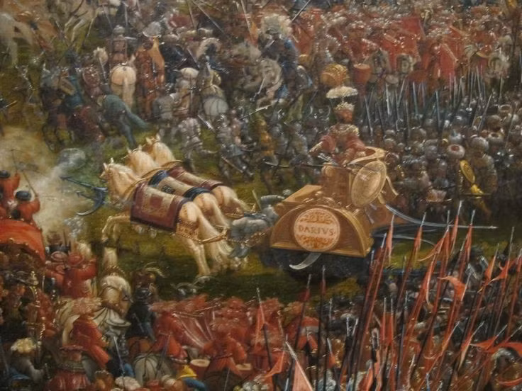  4. Darius III bỏ chạy giữa trận. Sự tháo lui của nhà vua khiến tinh thần quân Ba Tư sụp đổ, dẫn đến thất bại toàn diện. Ảnh: Pinterest.