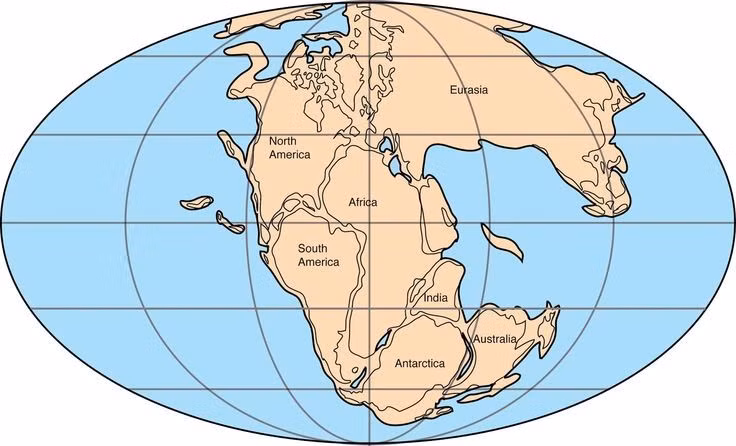  4. Khí hậu của Pangea cực kỳ khắc nghiệt. Do diện tích đất liền quá lớn và ít ảnh hưởng điều hòa từ đại dương, Pangea có khí hậu khô nóng, sa mạc rộng lớn và biến động thời tiết cực đoan. Ảnh: Pinterest.