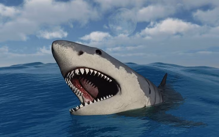  2. Hàm răng to và mạnh chưa từng có. Răng của Megalodon có thể dài tới 18 cm, sắc như dao và có lực cắn ước tính lên tới 18 tấn, đủ sức nghiền nát xương cá voi một cách dễ dàng. Ảnh: Pinterest.