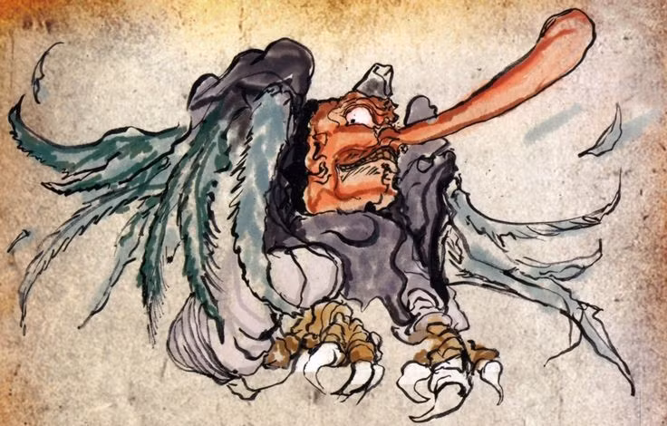  2. Hình dáng đặc trưng. Tengu thường được miêu tả với khuôn mặt đỏ, mũi dài và đôi cánh chim, mang dáng vẻ nửa thần thánh nửa ma quái. Ảnh: Pinterest.