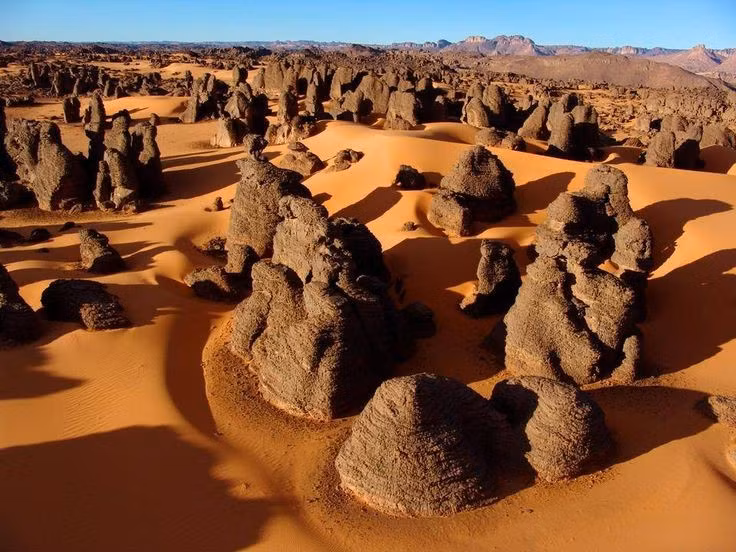 Vị trí địa lý đặc biệt. Tassili n’Ajjer nằm ở đông Nam Algeria, giáp biên giới Libya, Niger và Mali, là một cao nguyên đá sa thạch rộng lớn với diện tích hơn 70.000 km². Ảnh: Pinterest.