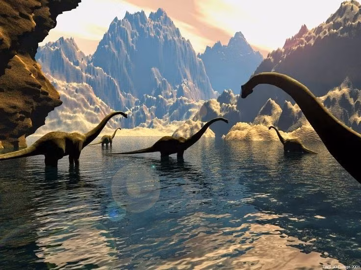  Có thể sống theo bầy đàn. Một số bằng chứng hóa thạch và dấu chân cho thấy Diplodocus có thể di chuyển theo nhóm. Sống bầy đàn giúp tăng khả năng phòng vệ trước các loài khủng long ăn thịt lớn cùng thời như Allosaurus. Ảnh: Pinterest.