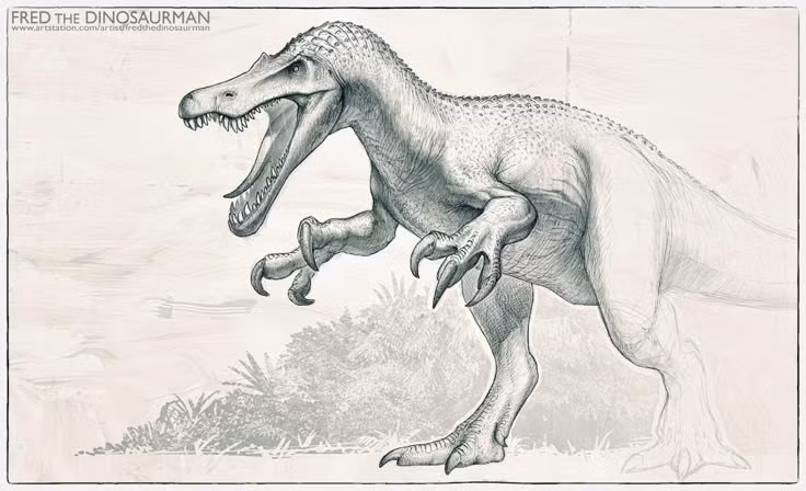 Cái tên mang ý nghĩa “móng vuốt nặng”. Tên gọi Baryonyx bắt nguồn từ tiếng Hy Lạp, trong đó “barys” nghĩa là nặng và “onyx” là móng vuốt, ám chỉ chiếc móng cong khổng lồ ở ngón tay trước – vũ khí đặc trưng của loài này. Ảnh: Pinterest.