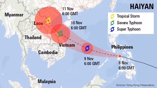  8. Bão Haiyan (2013). Dù đã suy yếu sau khi càn quét Philippines, bão Haiyan vẫn gây thiệt hại nặng ở Quảng Ninh, Hải Phòng và các tỉnh phía Bắc. Ảnh: Pinterest. 9. Bão Damrey (2017).