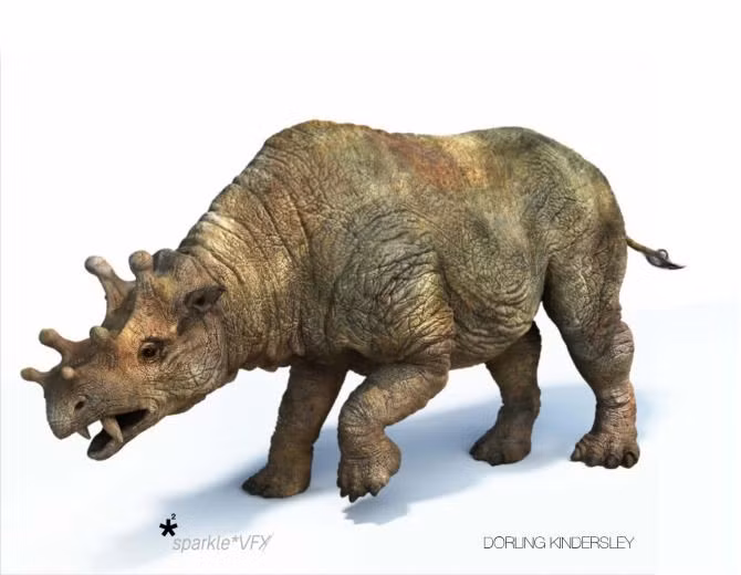  2. Loài này sở hữu hộp sọ to với 6 chiếc sừng kỳ dị. Trên đầu Uintatherium có ba cặp u xương giống như sừng, khiến nó trông rất khác lạ với các loài vật khác. Ảnh: Pinterest.
