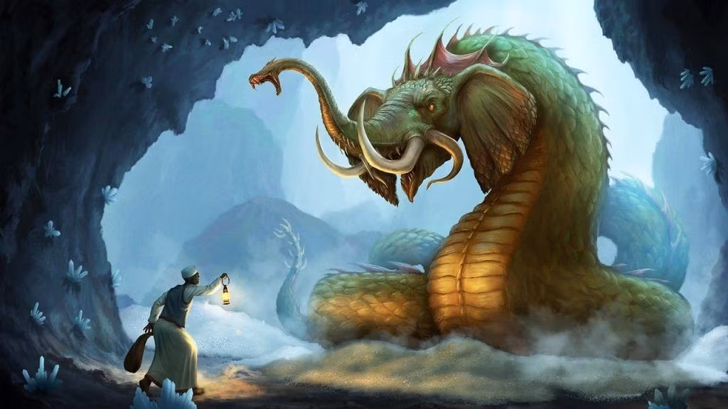 Rắn khổng lồ trong truyền thuyết. Grootslang, nghĩa là “rắn lớn” trong tiếng Afrikaans, được cho là sinh vật có kích thước vượt trội, dài hàng chục mét, thống trị các hang động sâu của Nam Phi. Ảnh: Pinterest.