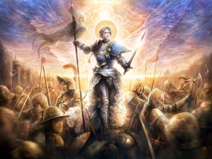  5. Jeanne d’Arc là biểu tượng huyền thoại của cuộc chiến. Thiếu nữ nông dân Jeanne d’Arc đã truyền cảm hứng và dẫn dắt quân Pháp trong những trận đánh quan trọng, trước khi bị bắt và thiêu sống. Ảnh: Pinterest.