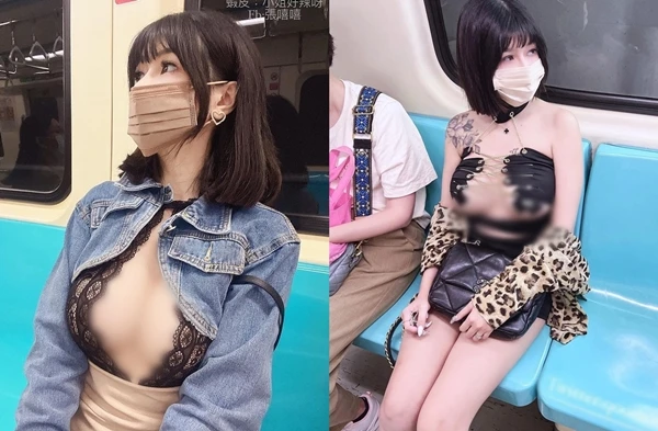 Ngượng chín mặt hot girl dùng găng tay che ngực trên tàu điện