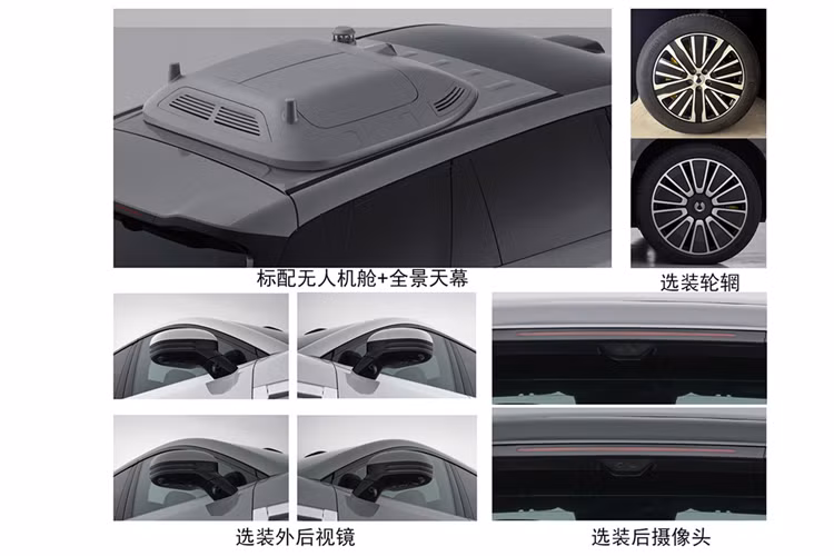 Vị trí lắp biển số được chuyển xuống cản sau, giúp tạo ra thiết kế gọn gàng hơn. Đáng chú ý, Denza N8L có máy bay không người lái drone tùy chọn trên nóc. Khi được trang bị hệ thống drone gắn trên xe thông minh của BYD, chiều cao của mẫu SUV này tăng lên 1.990mm.