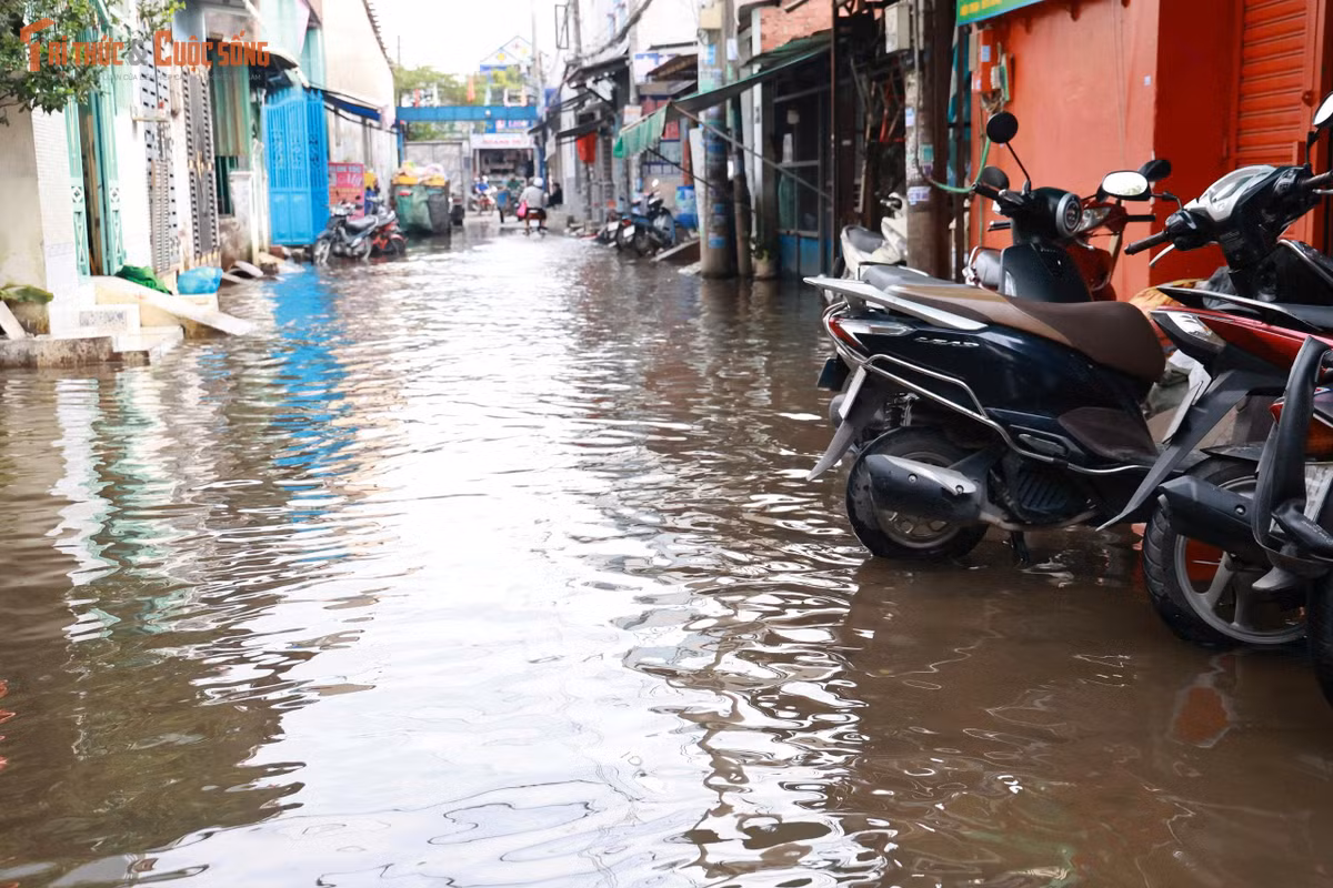 Một số gia đình phải dùng bao cát và các vật dụng tạm thời dựng thành “đê” trước cửa. Tuy nhiên, với những căn nhà có nền thấp hơn mặt đường, nước vẫn tràn vào.