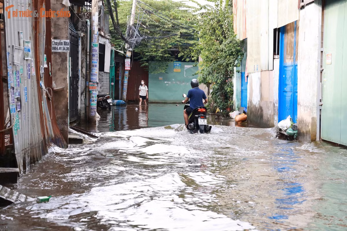Người dân đi lại khó khăn vì nước cao tới đầu gối, học sinh phải xắn cao quần mỗi lần đi học và trở về nhà.