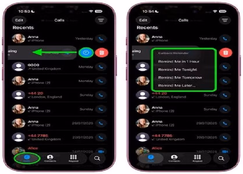 Lời nhắc sẽ hiển thị ở đầu mục Reminders trong ứng dụng Điện thoại nếu dùng bố cục “Unified”.