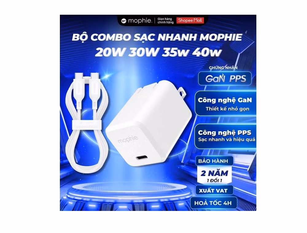 Nếu ưu tiên thương hiệu phụ kiện lâu năm, Mophie Essentials PD 20W là phương án hợp lý với bộ sản phẩm gồm củ sạc USB-C và cáp USB-C to Lightning, đáp ứng nhu cầu sạc nhanh hằng ngày cho người dùng iPhone với mức công suất 20W cùng chính sách bảo hành chính hãng lên tới 2 năm.