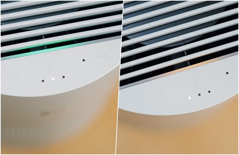 Máy được trang bị cảm biến PM1.0 giúp đo lường bụi siêu mịn, kết hợp cùng hệ thống đèn LED hiển thị chất lượng không khí theo màu sắc trực quan, từ đó người dùng có thể dễ dàng theo dõi môi trường sống của mình. (Ảnh: Genk)