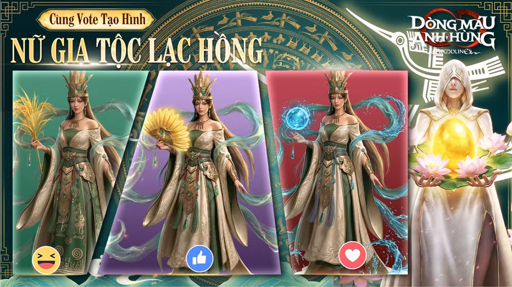 Trong khi đó, Âu Cơ lại hiện lên với vẻ đẹp thanh cao, mềm mại nhưng vẫn toát lên sự uy nghi của một quốc mẫu, với trang phục trắng xanh, phụ kiện tinh tế và hiệu ứng năng lượng tạo nên chiều sâu huyền thoại đầy cuốn hút.