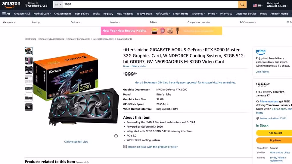 Người bán bên thứ ba có tên Fitter's Niche Direct đã rao bán RTX 5090 với giá chỉ 999 USD, bằng một nửa giá niêm yết.