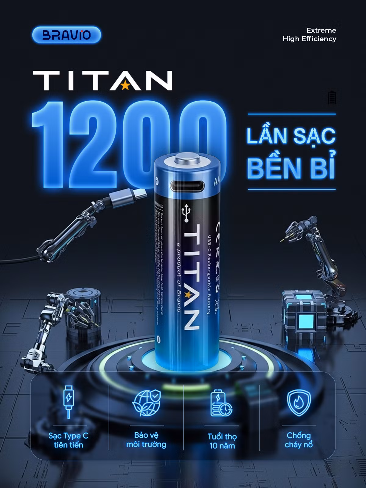 Trong khi đó, BRAVIO Titan mang đến hướng tiếp cận hoàn toàn khác biệt khi tích hợp trực tiếp cổng sạc USB-C trên thân pin, cho phép người dùng cắm sạc như điện thoại hoặc tai nghe mà không cần thêm dock sạc chuyên dụng, tạo sự thuận tiện đáng kể trong quá trình sử dụng và di chuyển.