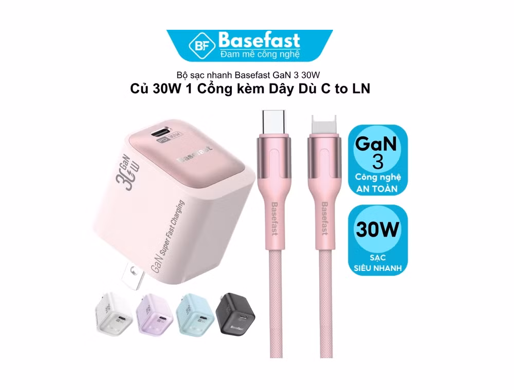 Trong phân khúc phổ thông, Basefast GaN3 30W nổi bật nhờ công nghệ GaN3 giúp thu gọn kích thước nhưng vẫn hỗ trợ công suất tối đa 30W, đi kèm cáp USB-C to Lightning bọc dù, tương thích tốt với nhiều thế hệ iPhone và hỗ trợ hàng loạt chuẩn sạc nhanh như PD, QC, AFC, FCP, SCP hay PPS.
