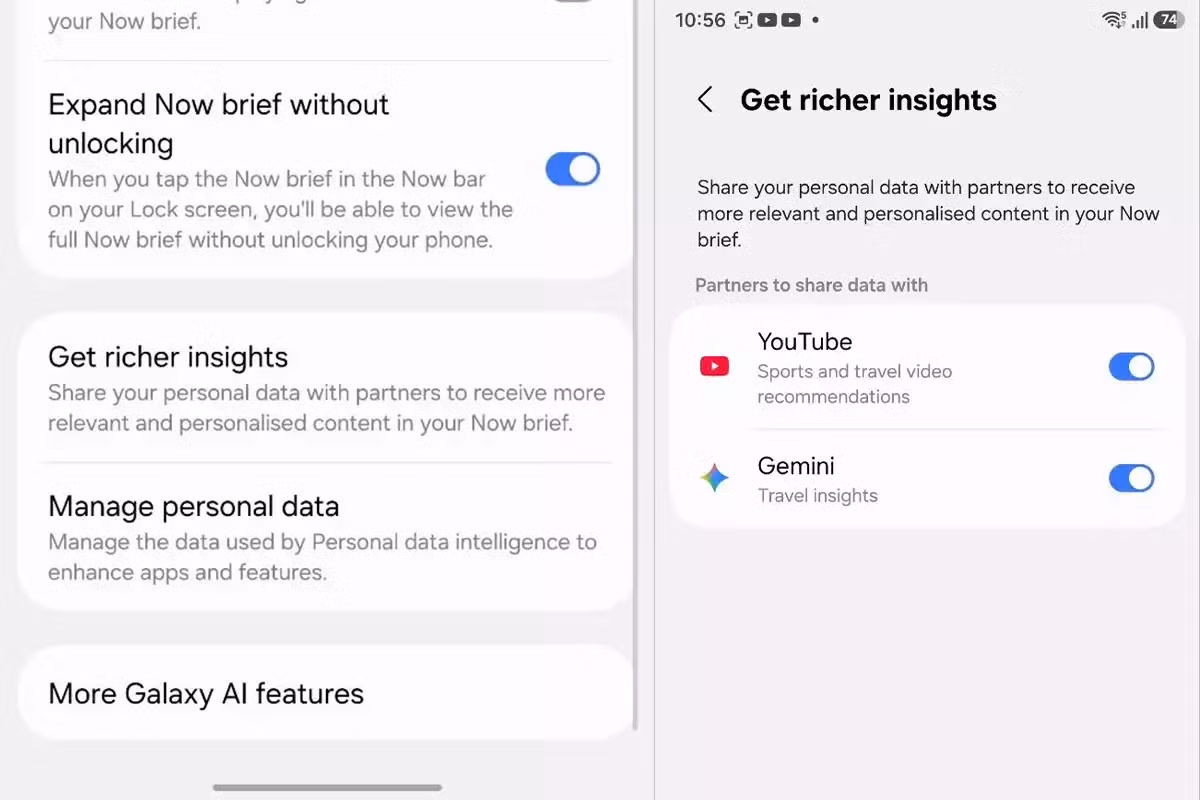 Điểm đáng chú ý là tùy chọn “Get richer insights” cho phép cá nhân hóa sâu hơn nhờ tích hợp với YouTube và Gemini.