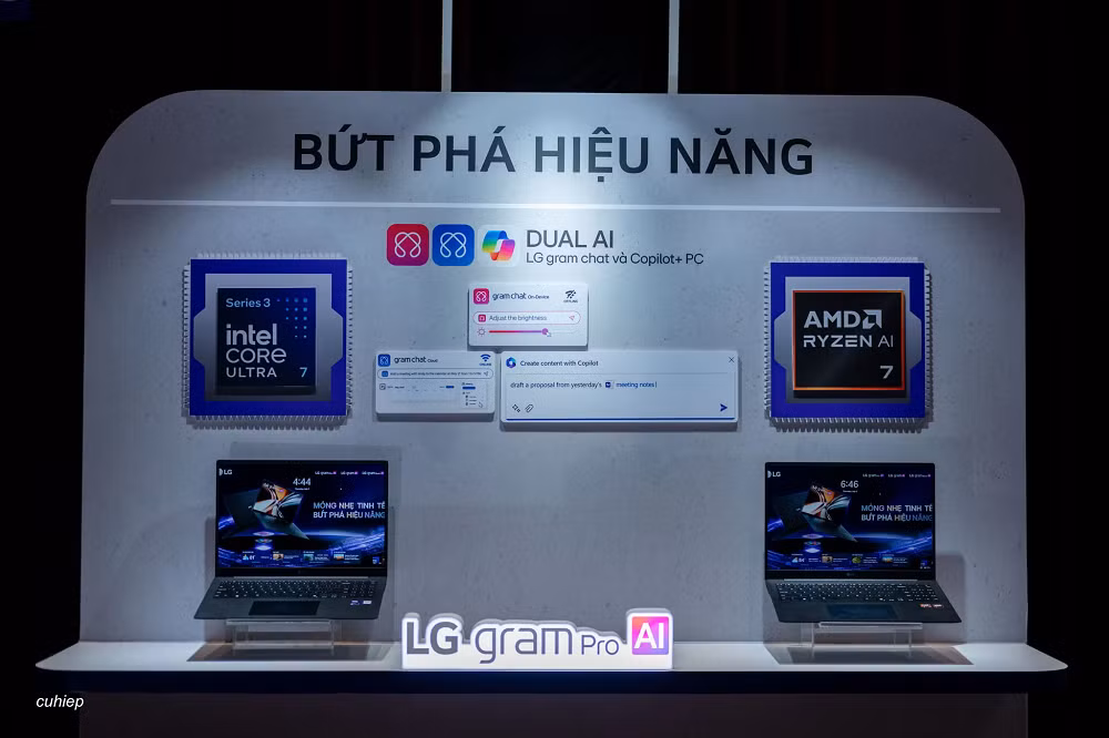Ở phân khúc cao cấp, LG gram Pro AI được định vị dành cho nhóm người dùng chuyên nghiệp với nhu cầu xử lý đồ họa, lập trình hay sáng tạo nội dung. Lần đầu tiên, LG bổ sung tùy chọn vi xử lý AMD Ryzen 7 thế hệ mới bên cạnh Intel Core Ultra 5, mang đến nhiều lựa chọn cấu hình hơn. Máy còn được trang bị bộ xử lý AI (NPU) đạt hiệu năng 50 TOPS cùng bộ nhớ RAM LPDDR5X tối đa 32 GB, hứa hẹn đáp ứng tốt các tác vụ AI và đa nhiệm nặng.