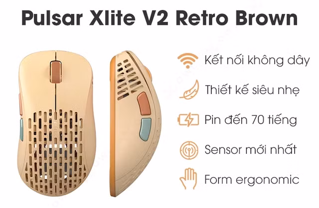 Một lựa chọn đáng chú ý khác là Pulsar Xlite V2 Competition với thiết kế siêu nhẹ, thân chuột thoáng khí chống đổ mồ hôi tay, cảm biến 20.000 DPI cùng thời lượng pin lên tới 70 giờ, rất hợp với game thủ thích phong cách retro nhưng vẫn ưu tiên hiệu năng.