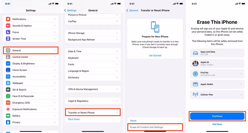 Trước khi làm, hãy đăng xuất khỏi iCloud để tránh bị khóa kích hoạt, sau đó chọn “Xóa Tất cả Nội dung và Cài đặt”.