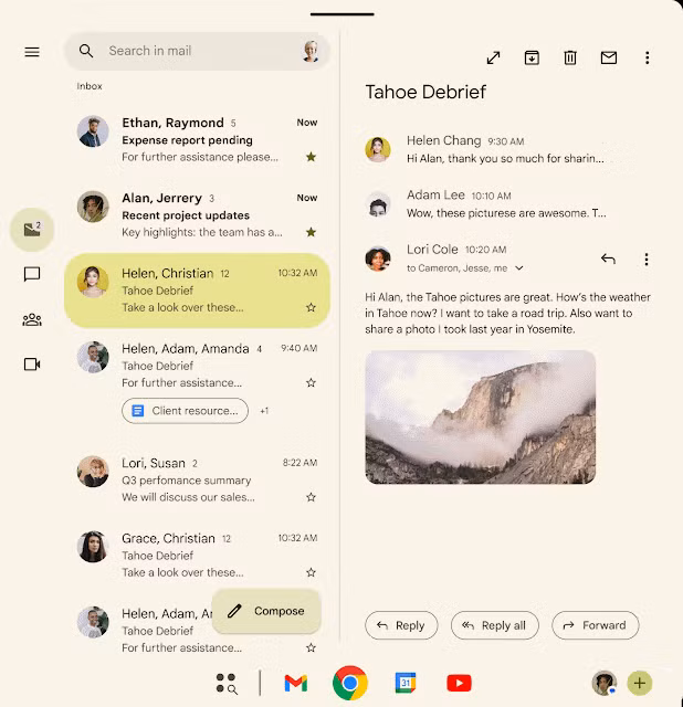 Google cũng nâng cấp mạnh tính năng đa nhiệm với cơ chế “bong bóng ứng dụng”, cho phép mở bất kỳ ứng dụng nào dưới dạng cửa sổ nổi thay vì chỉ hỗ trợ ứng dụng nhắn tin như trước, giúp người dùng vừa xem YouTube vừa ghi chú hoặc trả lời email cực kỳ linh hoạt trên điện thoại gập và máy tính bảng.
