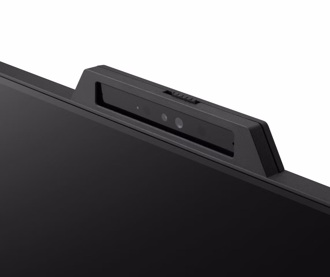 Webcam 5MP có thể điều chỉnh góc ±5°, tích hợp nắp che vật lý để đảm bảo quyền riêng tư khi không sử dụng.